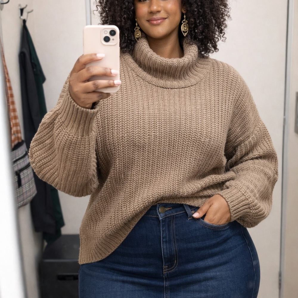 Free People Earth Tone Chunky Knit Mock Neck Sweater Oversized Pullover Boho